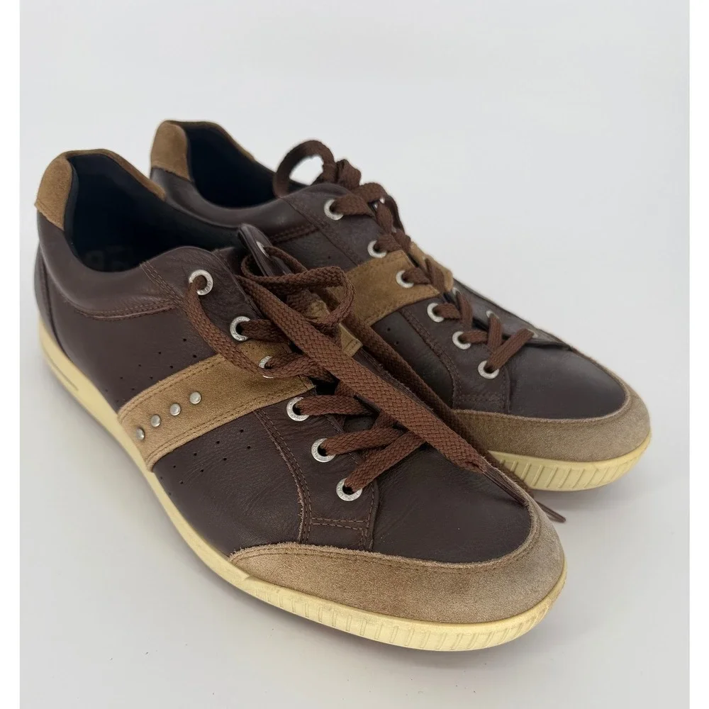 ECCO Mens Brown Leather Suede Low Top Lace Up Sneakers Studded Size 46